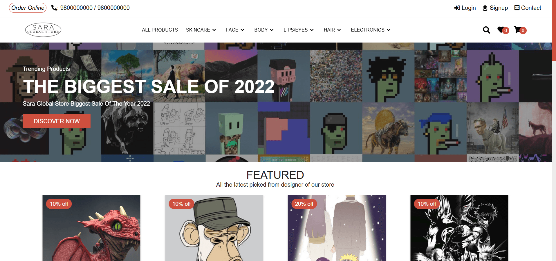 Sara Global Store e-commerce website showcasing cosmetics and beauty products